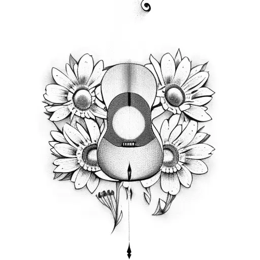 guitar with loon and daisies tattoo design idea