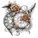 clock gears, floral, swirl, modern, Roman numerals tattoo design idea
