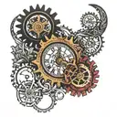clock gears, floral, swirl, modern, Roman numerals tattoo design idea