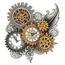 clock gears, floral, swirl, modern, Roman numerals tattoo design idea
