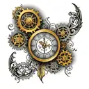 clock gears, floral, swirl, modern, Roman numerals tattoo design idea