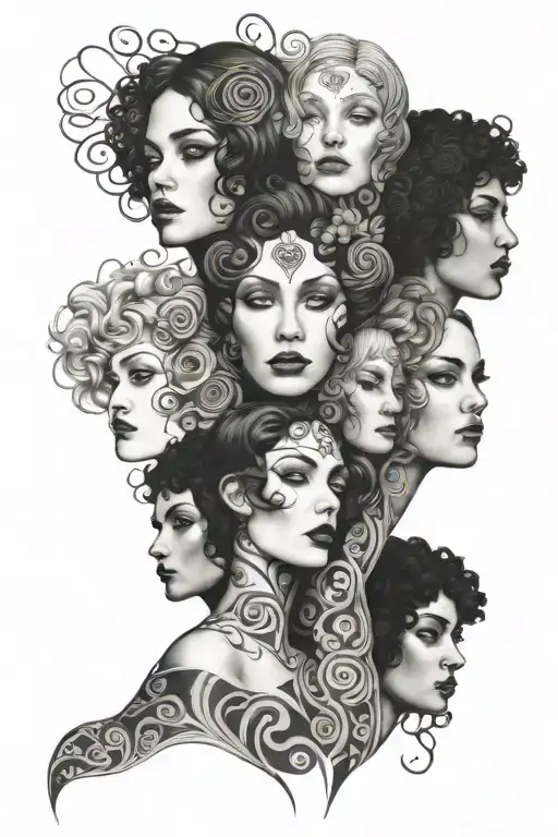 a group of women faces in style of Klimt designed tattoo sleeve tattoo design idea