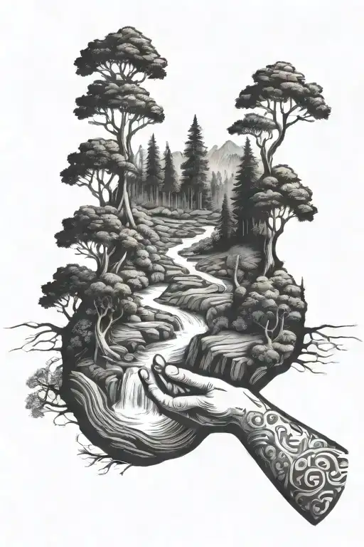  creek winding through a forest with a hand pointing to it  tattoo design idea