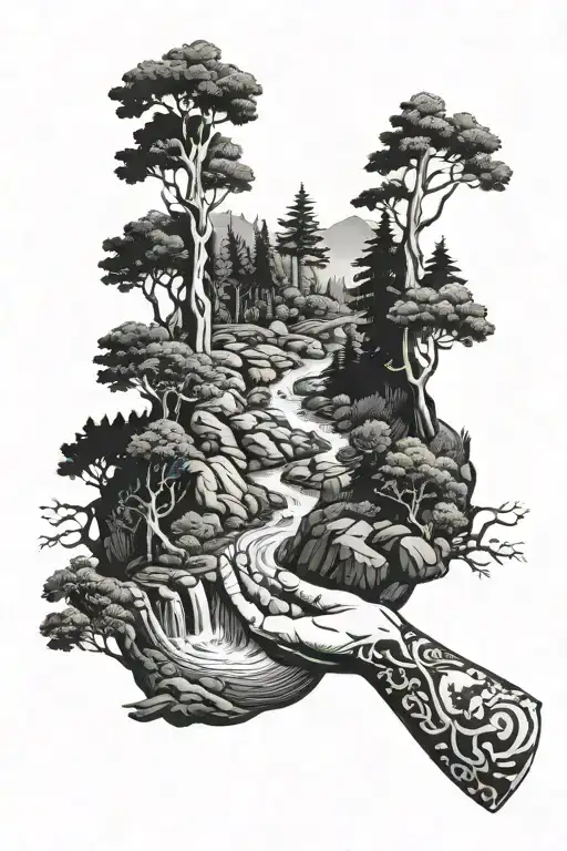  creek winding through a forest with a hand pointing to it  tattoo design idea