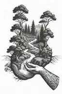  creek winding through a forest with a hand pointing to it  tattoo design idea
