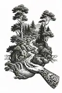  creek winding through a forest with a hand pointing to it  tattoo design idea