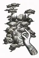  creek winding through a forest with a hand pointing to it  tattoo design idea