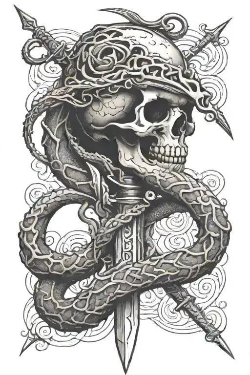skeleton snake around sword tattoo design idea
