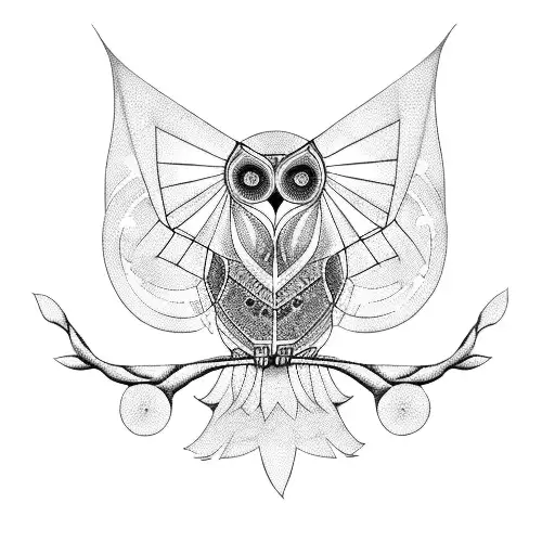 A blackwork tattoo of a geometric owl perched on a tree branch, with Fibonacci numbers subtly incorporated in its feathers tattoo design idea