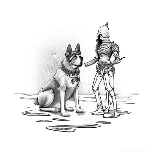 A traveler exploring a fantasy video game world with their loyal dog companion tattoo design idea
