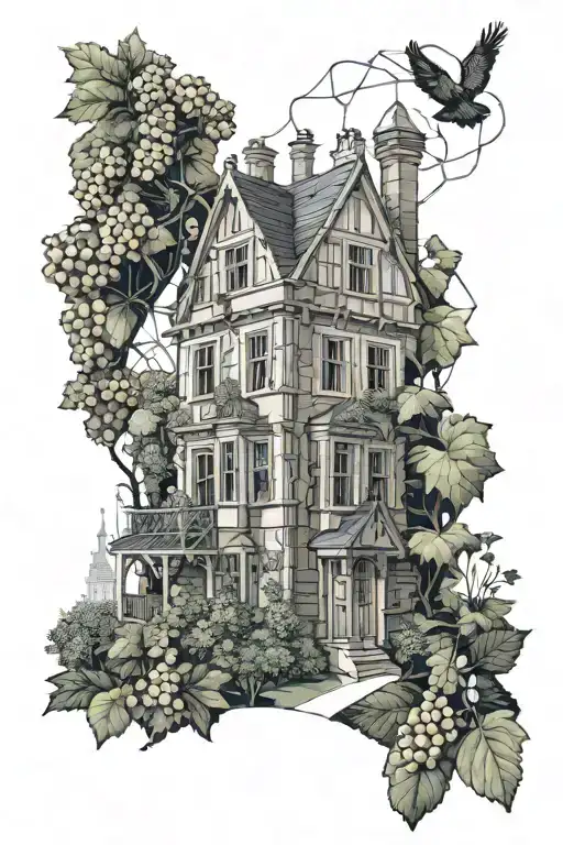 Old forest with and old tiny house, London city scape including bigben , vinery with grapes and an old lady tattoo design idea