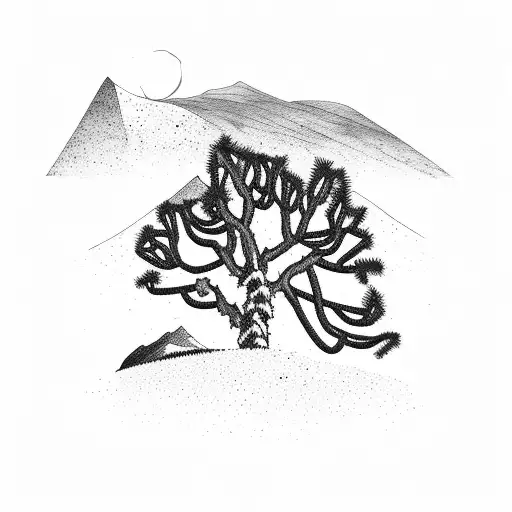 Joshua tree with snowy mountain peaks behind it black and white tattoo design idea