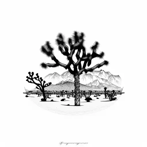one symmetrical Joshua tree with snowy mountain peaks in the back ground tattoo design idea