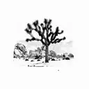 Joshua tree with snowy mountain peaks behind it black and white tattoo design idea