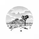 Joshua tree with snowy mountain peaks behind it black and white tattoo design idea