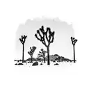 Joshua tree with snowy mountain peaks behind it black and white tattoo design idea