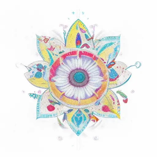 A vibrant red Flor de Lis surrounded by colorful butterflies in a new-school style tattoo design idea