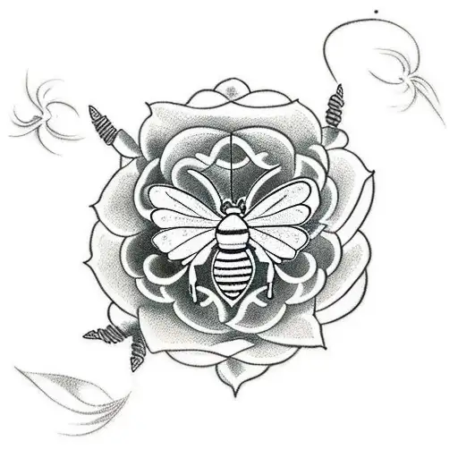 A traditional style tattoo featuring a red Flor de Lis intertwined with a delicate butterfly and bee tattoo design idea