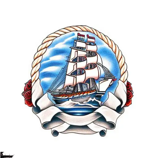 clipper ship with two masts, rope vignette border, skull and bones, and red roses tattoo design idea