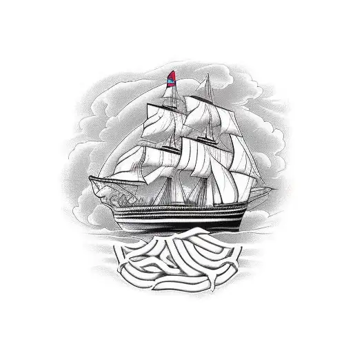 clipper ship with two masts, rope vignette border, jolly roger, and red roses tattoo design idea