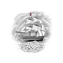 clipper ship with two masts, rope vignette border, jolly roger, and red roses tattoo design idea