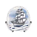 clipper ship with two masts, rope vignette border, jolly roger, and red roses tattoo design idea