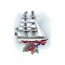 clipper ship with two masts, rope vignette border, jolly roger, and red roses tattoo design idea