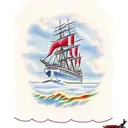 clipper ship with two masts, rope vignette border, jolly roger, and red roses tattoo design idea