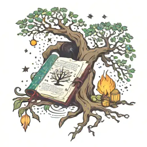 witchy, spell book, tree, dark, Sagittarius constellation, tattoo design idea