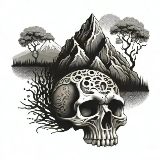 A skull made of fish bones with a mountain landscape in the background tattoo design idea