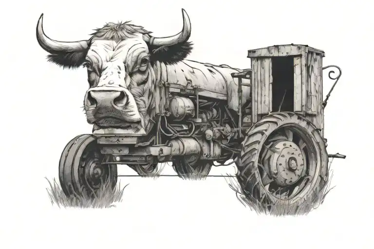 outline of Kentucky with a tobacco barn in the back and a cow head on the left and a old tractor on the right tattoo design idea