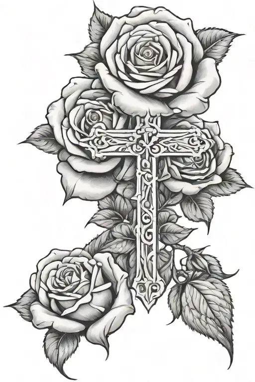 roses with a cross going though them with the name carolina  tattoo design idea