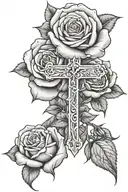 roses with a cross going though them with the name carolina  tattoo design idea