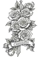 roses with a cross going though them with the name carolina  tattoo design idea