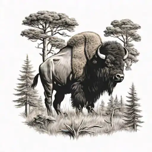 bison in forest scene tattoo design idea