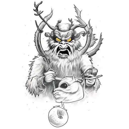 krampus or forest troll on the bank of the lake  tattoo design idea