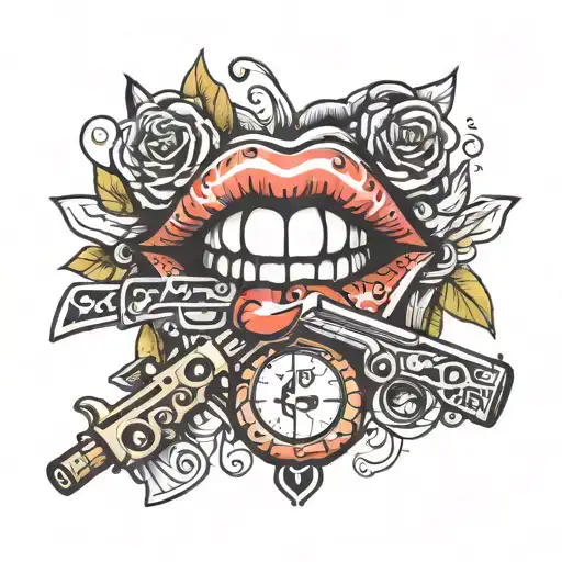 Weapon and lips like kissed tattoo design idea
