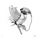 A tucan bird wearing headphones and surrounded by musical notes tattoo design idea