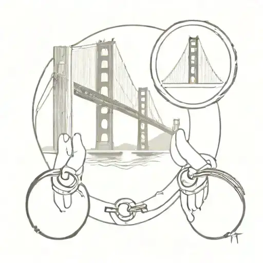 golden gate bridge, empty plate, and two wedding rings tattoo design idea
