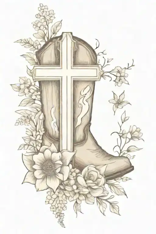 wooden cross coming out of cowboy boots with a bouquet of wild flowers tattoo design idea