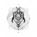 Shield with Gemini and fish in the middle tattoo design idea