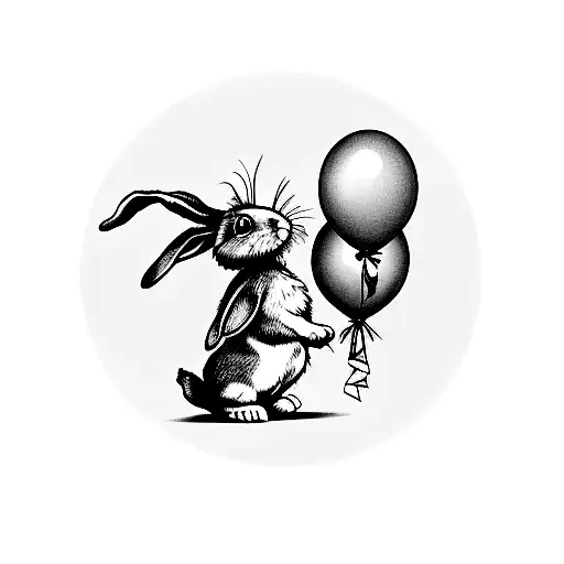 A playful bunny holding colorful balloons, standing in front of a castle while smoking a carrot  tattoo design idea