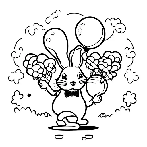 A playful bunny holding colorful balloons  standing by a castle  while smoking a carrot  tattoo design idea