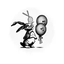 A playful bunny holding colorful balloons, standing in front of a castle while smoking a carrot  tattoo design idea