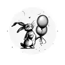 A playful bunny holding colorful balloons, standing in front of a castle while smoking a carrot  tattoo design idea