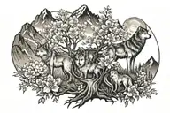 family tree growing, 2 September flowers, 1 November flower, 1 February flowers, 3 mountain peaks, wolf pack  tattoo design idea