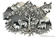family tree growing, 2 September flowers, 1 November flower, 1 February flowers, 3 mountain peaks, wolf pack  tattoo design idea
