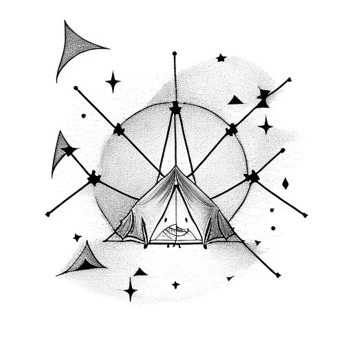 A mystical night sky with constellations of Aries intertwined with camping gear tattoo design idea