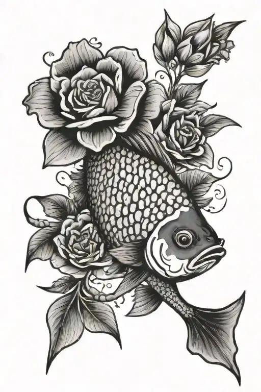 coi fish and flowers tattoo design idea
