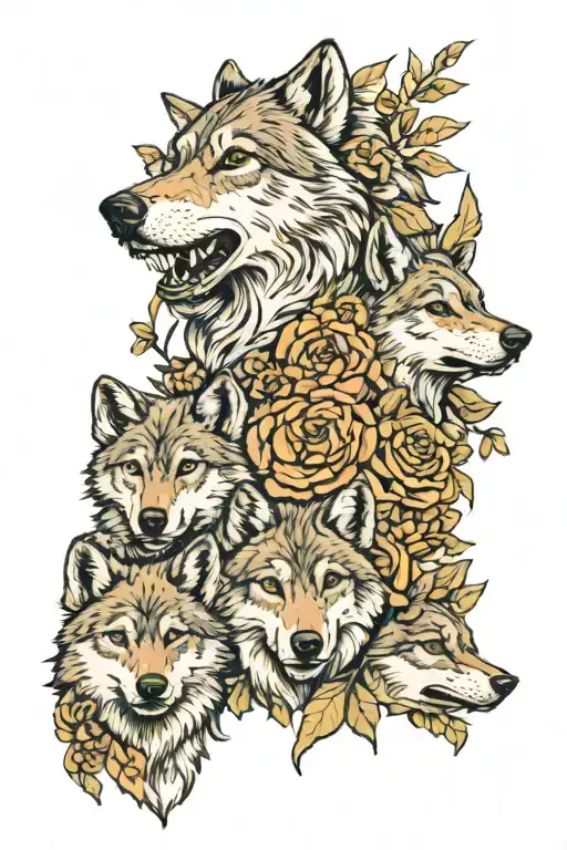 wolf and 4 wolf cubs face only with flowers surrounding tattoo design idea